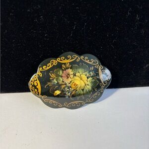 VTG Russian Wood Lacquer Handpainted Floral Folk Art Brooch Signed 2.5” Estate
